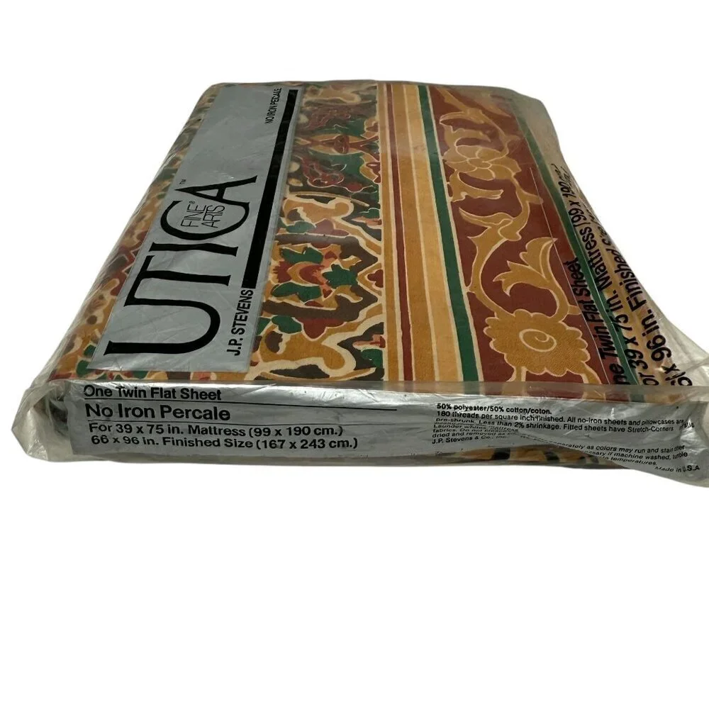 UTICA Cacharel Twin Flat Sheet New Vintage 1970s Brown Shawl Pattern Percale